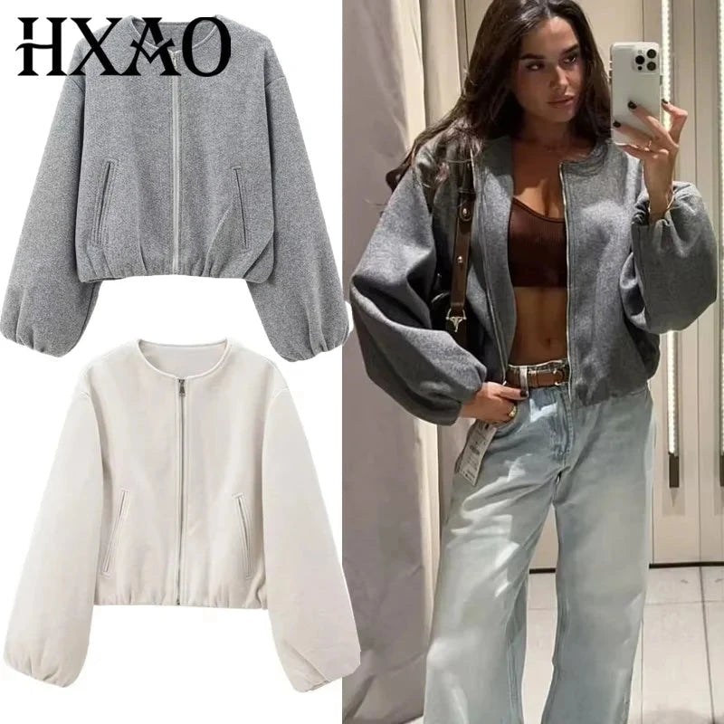 HXAO Outerwears Cropped Bomber Jacket Women Autumn Long GlowCart