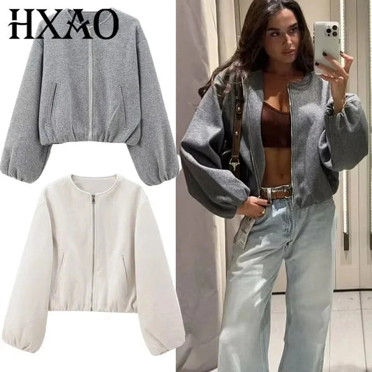 HXAO Outerwears Cropped Bomber Jacket Women Autumn Long GlowCart