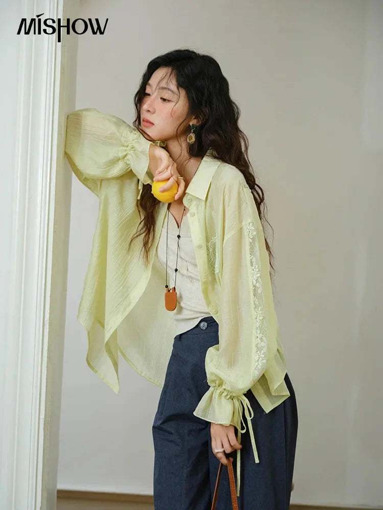 MISHOW Blend Patchwork Lace Cool Shirt Female Autumn 2025 GlowCart