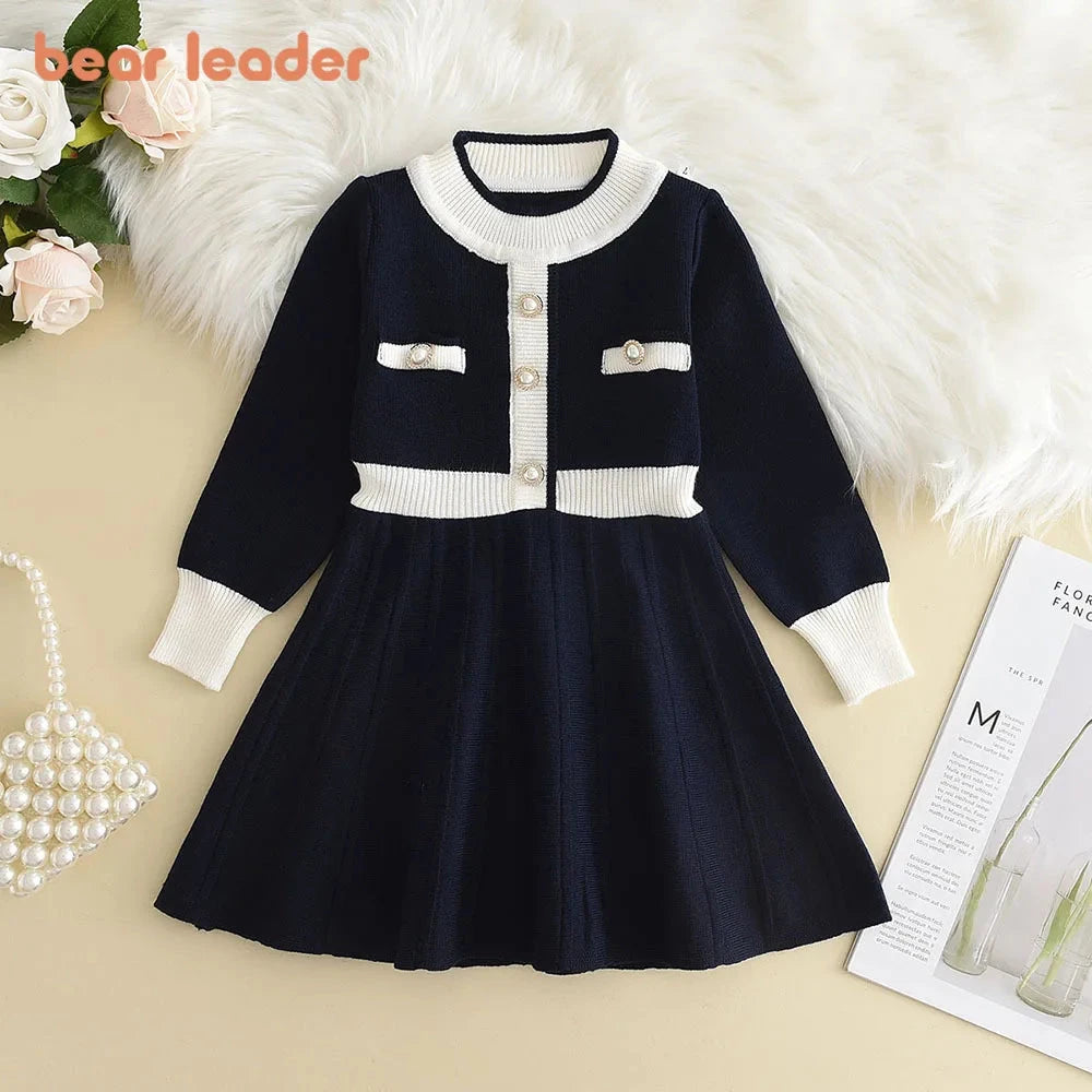 Bear Leader Winter New Year's Red Girl Knitting Wool Long Sleeve Splicing Dress Girl Baby Bow Fashion Dressses Christmas Clothes GlowCart