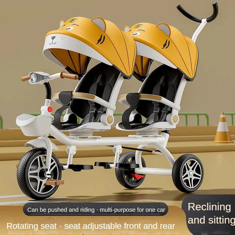 Multifunctional Twin Children's Tricycle Foldable Baby Bicycle Two-way Twin Baby Stroller Swivel Seat Double Stroller GlowCart