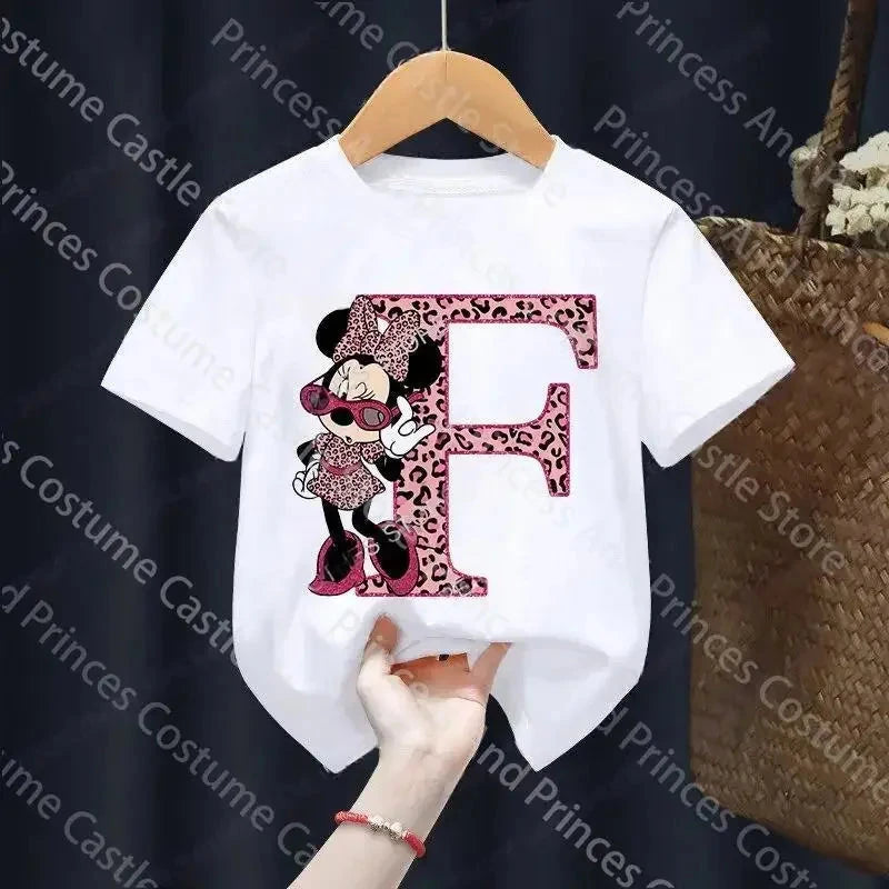 Letter A-Z Minnie Children  T-Shirts Name Combination Disney Kawaii Cartoons Clothes Kids Little Boy Girl Tee Shirts Casua GlowCart