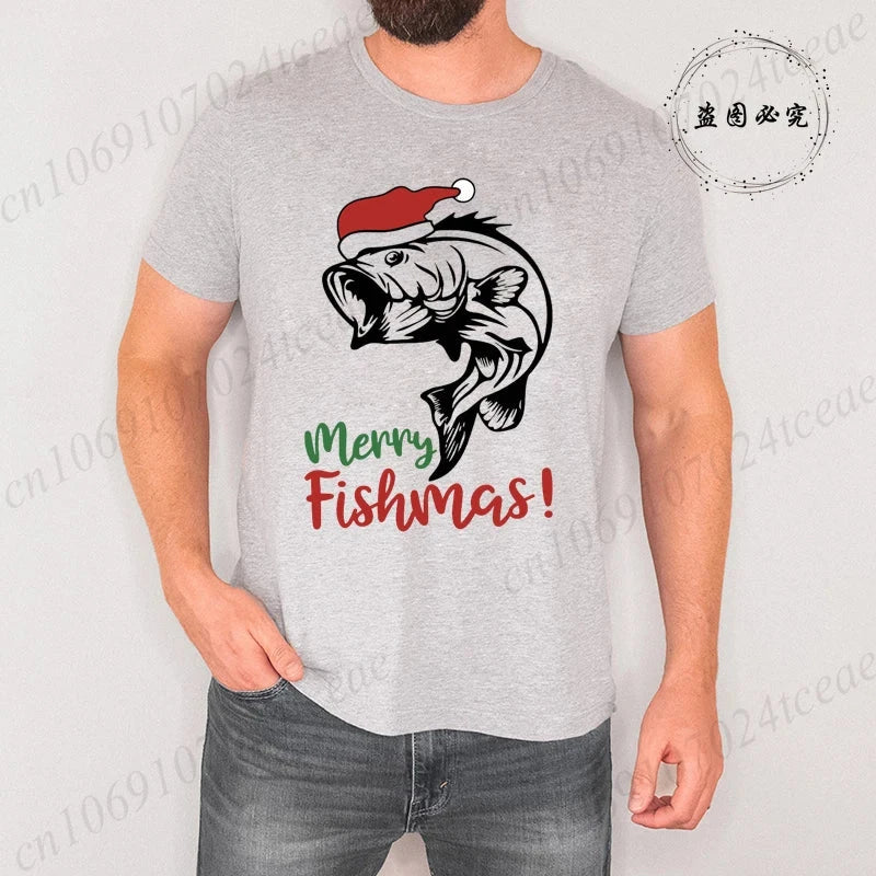 Fishing Christmas Men's T Shirts Merry Fishmas Print Tees GlowCart