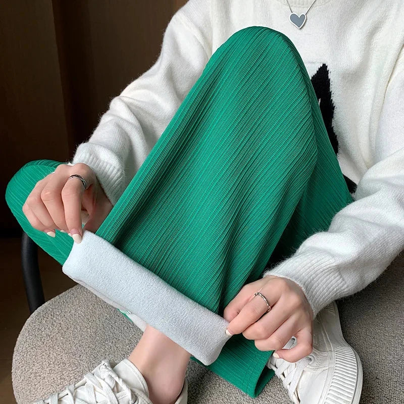 Autumn and Winter Fleece-lined Wide Leg Pants Women's High GlowCart