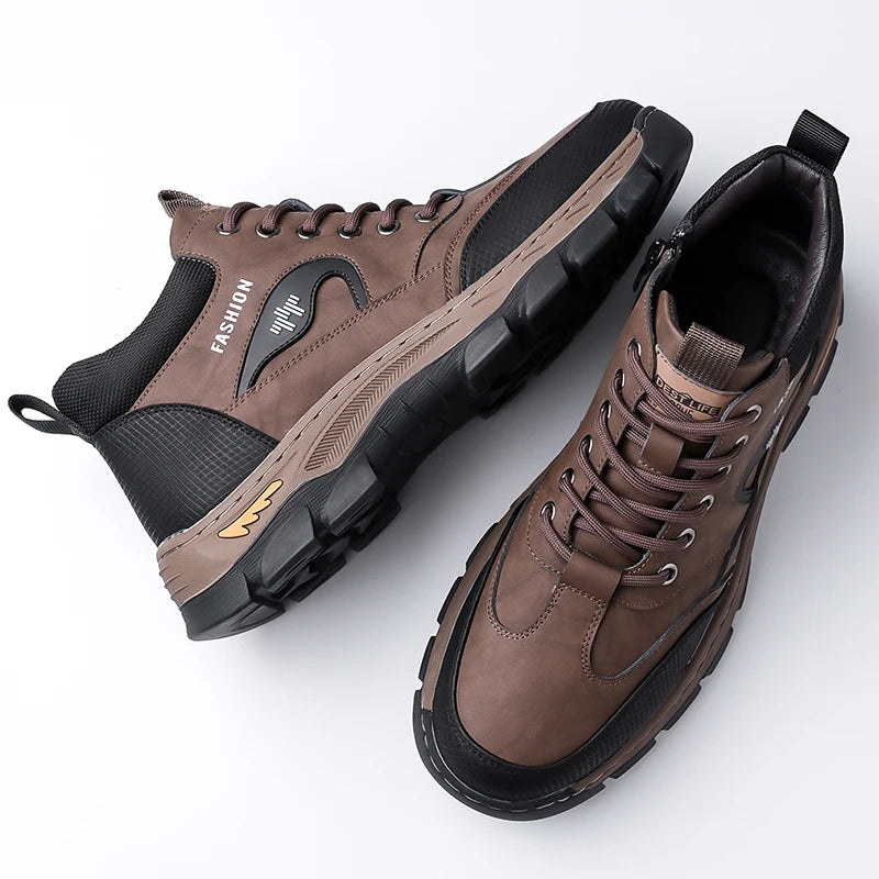 Men's Lace-Up High Top Shoes Fashion Leather Casual Shoes for Man Outdoor Motorcycle Boots Male Ankle Botas Warm Walking Boots GlowCart
