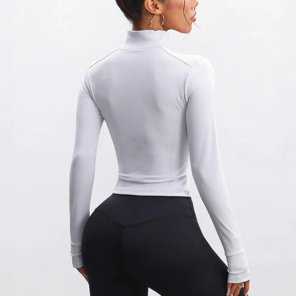 Seamless Zipper Jacket Women Crop Top Yoga T-shirts Solid Sports Top Long Sleeve Running Shirts Quick Dry Fitness Gym Sport Wear GlowCart