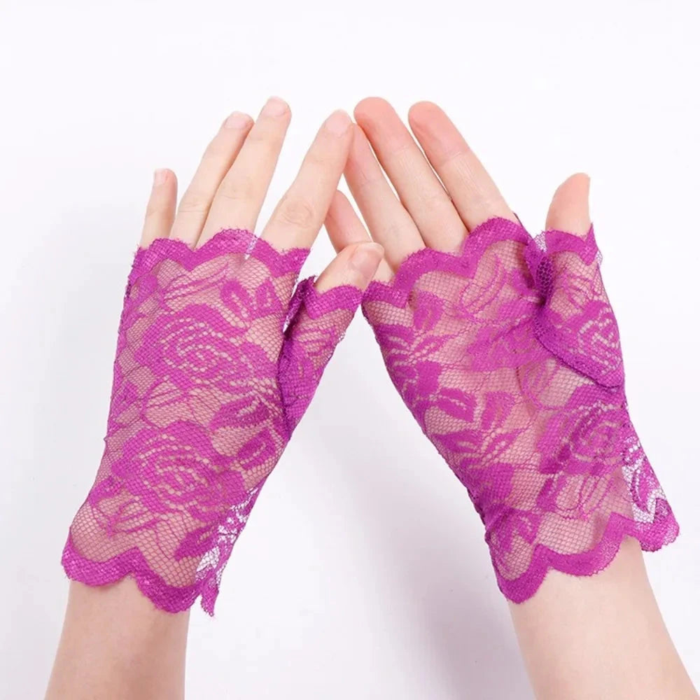 Women Short Lace Hollow-Out Fingerless Gloves Sun Protection GlowCart