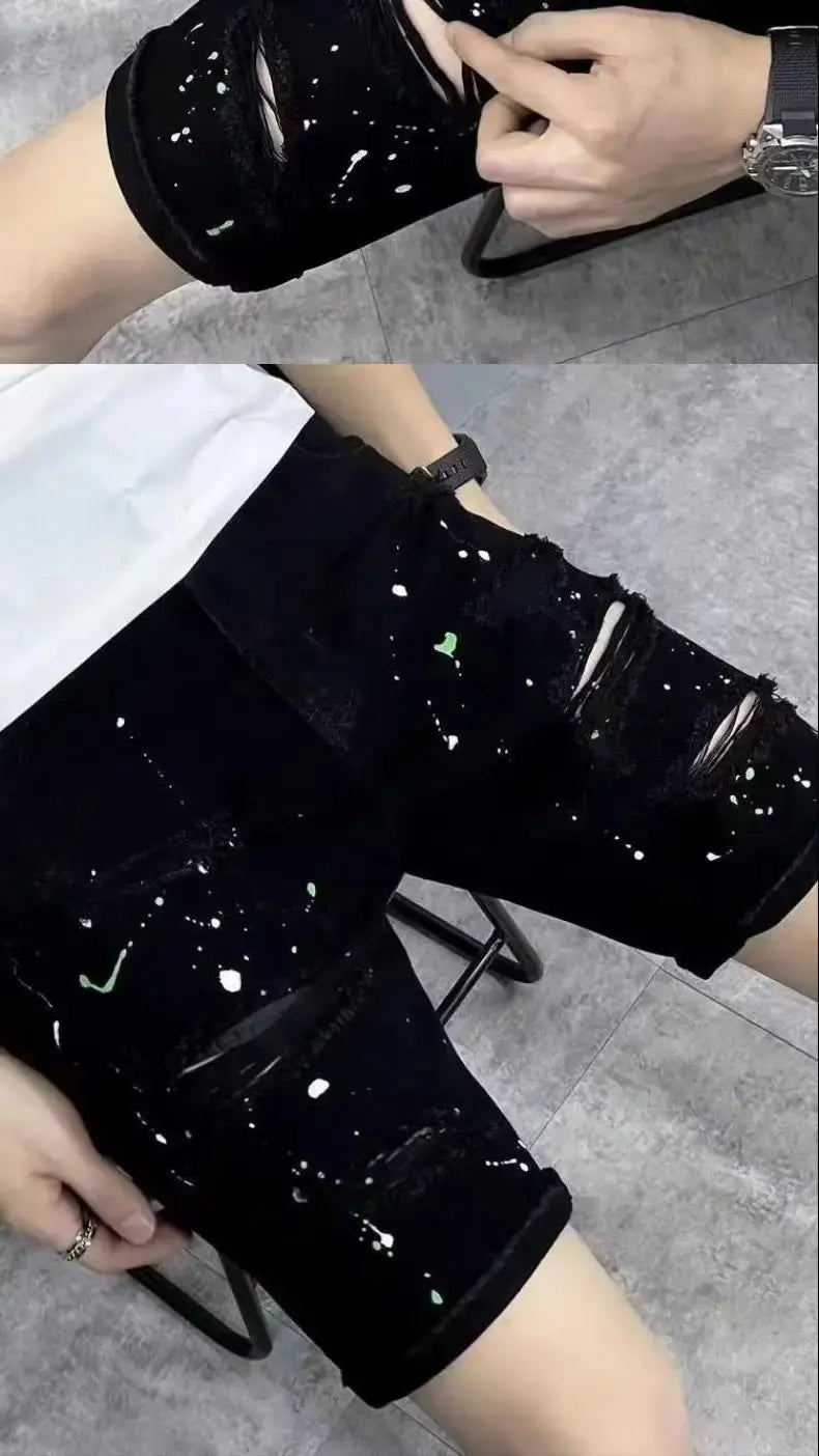 Summer Casual Men's Denim Shorts Korean Straight Washed Jeans Short Ins Ripped Cat Whisker Ink Splash Plaid Black Five-Pants GlowCart