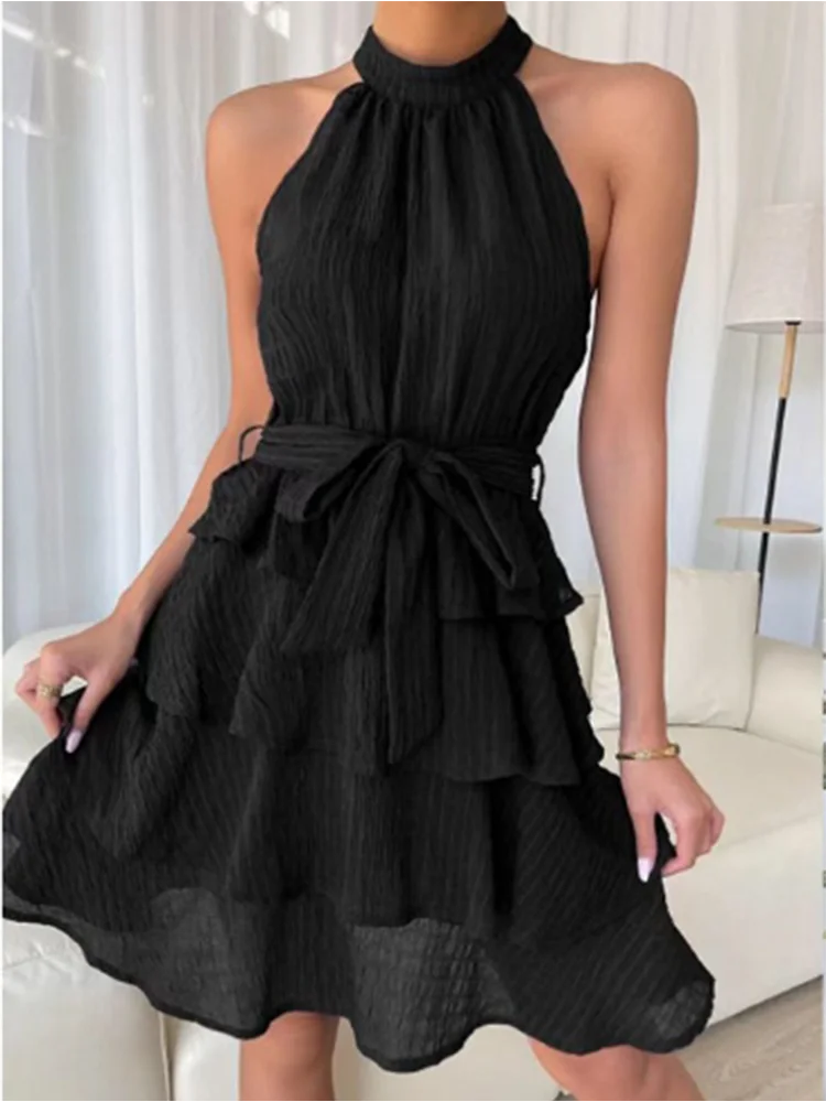 Stylish Sleeveless Off Shoulder Multi-Layered Ruffle Edge Dress Women's Solid Color Mini Dress Party A Line Dresses GlowCart