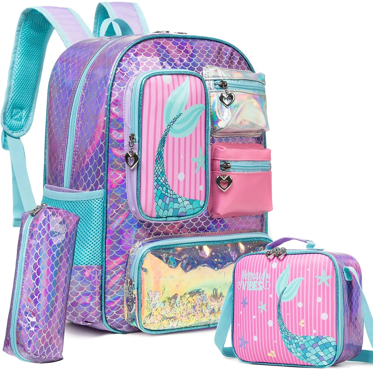 Meetbelify Mermaid Backpack for Girls Bookbag for Girls with Lunchbag and Penbag for Elementary Students GlowCart