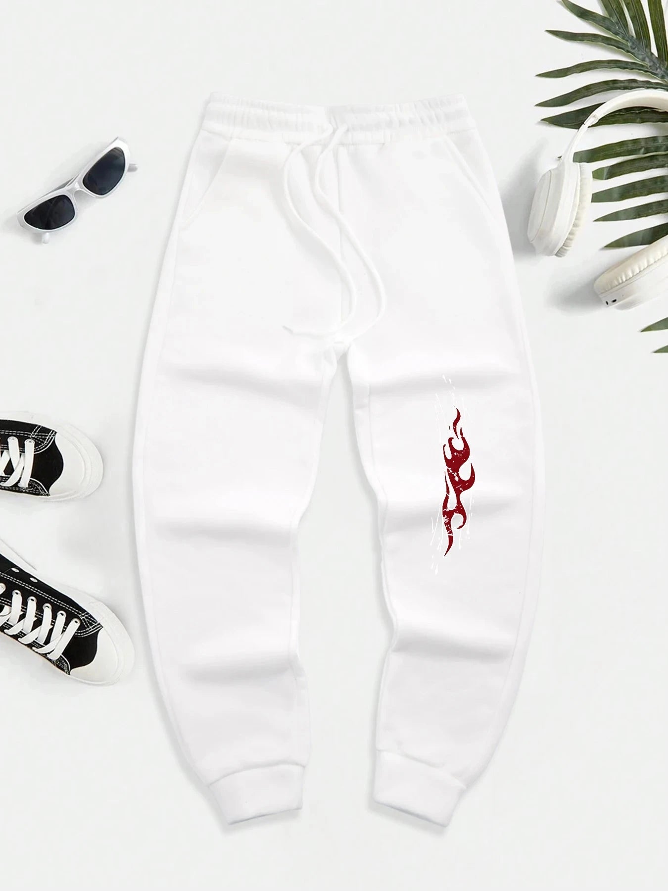 Dark Red Flame Print Men New Drawstring Jogging Pant Autumn GlowCart