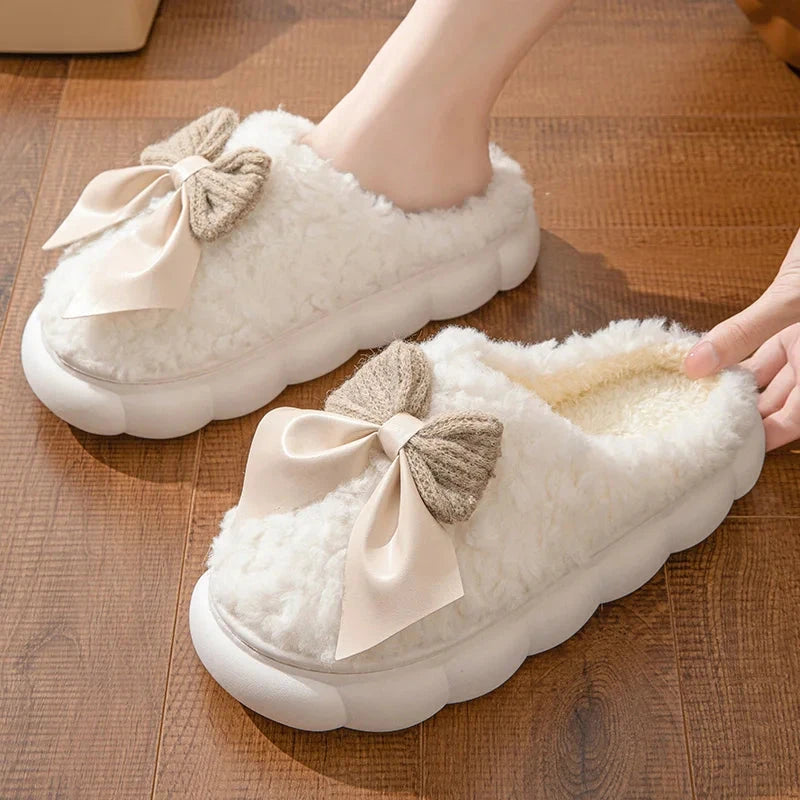 Winter Warm Fur Slippers for Women Cute bow House Non Slip GlowCart