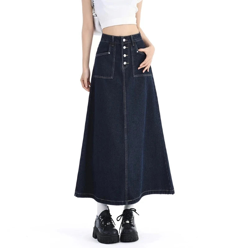 High Waist Denim Skirt Women Autumn 2024 New Arrival Single Buttons Long Skirt Women Korean Style Casual Jeans Skirts Womens GlowCart