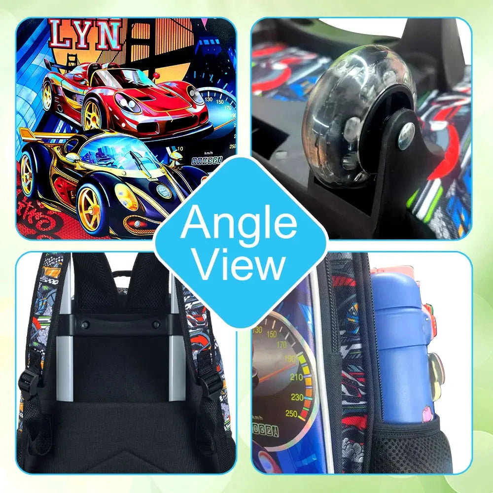 3PCS Rolling Backpack for Girls and Boys， Kids Race Wheeled Bookbag GlowCart