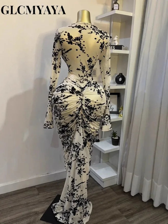 CM.YAYA Women Long Sleeve Stacked Mesh See Though with Lining Bodycon Long Dress 2025 Autumn Evening Birthday Sexy Party Dresses GlowCart