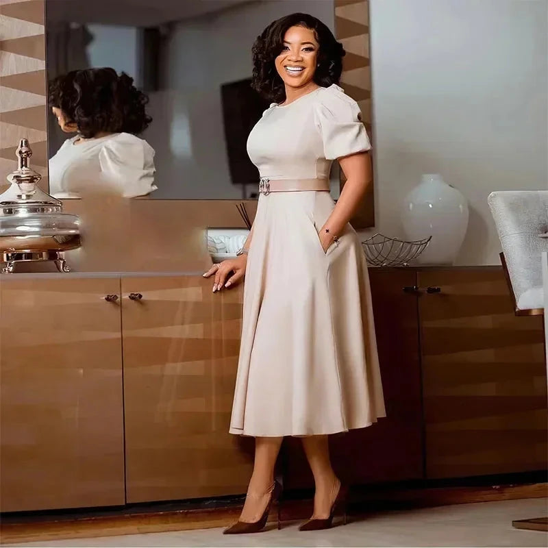 Ladies Office Dresses Women Formal Work O-Neck Puff Sleeve GlowCart