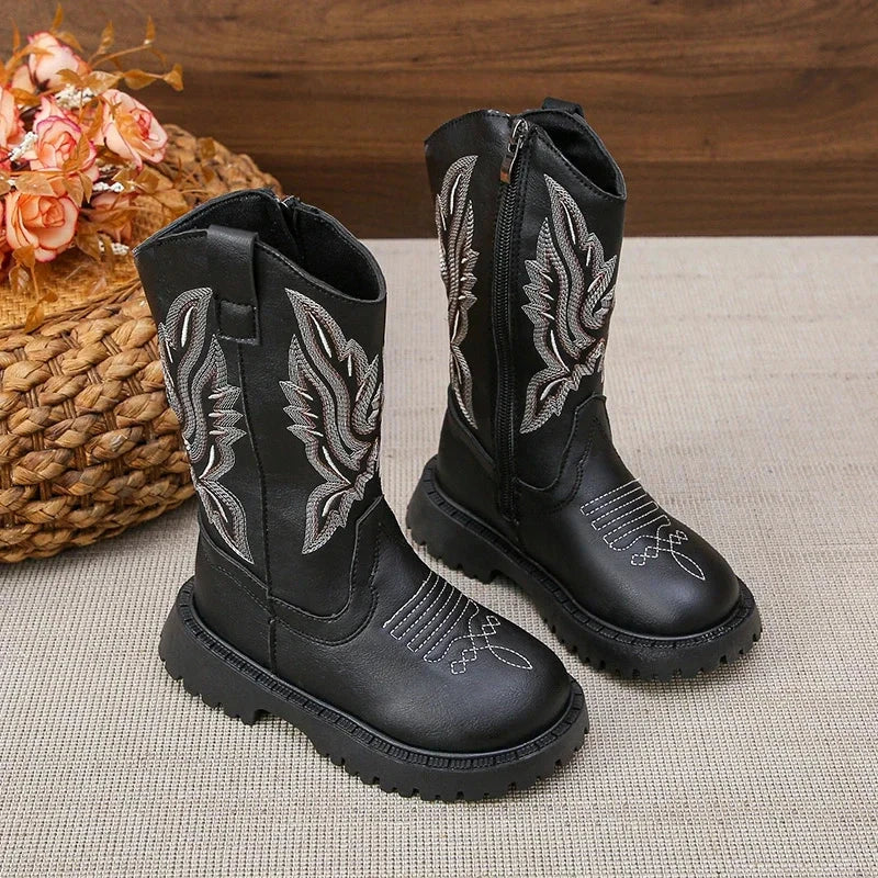 Children Leather Boots Classic Cowboy Embroidery Girls Long Booties Kids Winter Round Toe Soft Snow Shoes Fashion Snow Boots GlowCart