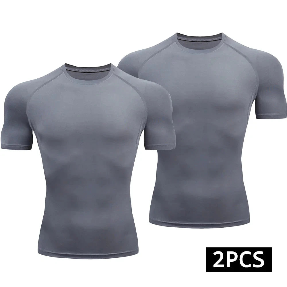 2-Piece Compression T Shirt Men Summer Sportswear Running T-shirt Elastic Quick Dry Sport Tops Athletic Gym Workout Shirts Men GlowCart