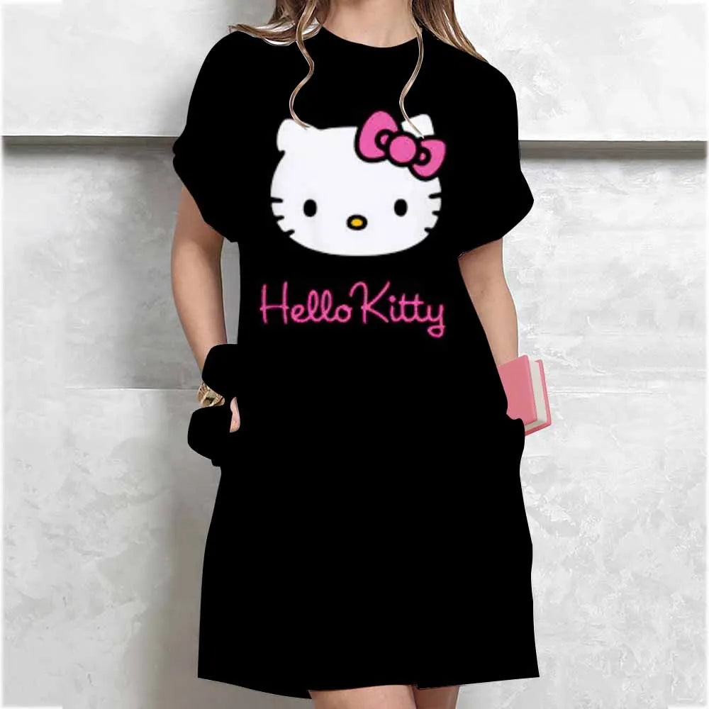 Women's long tshirt dress summer fashion girl Hello Kitty print oversized casual round neck short sleeved mini T-shirt dress ﻿ GlowCart