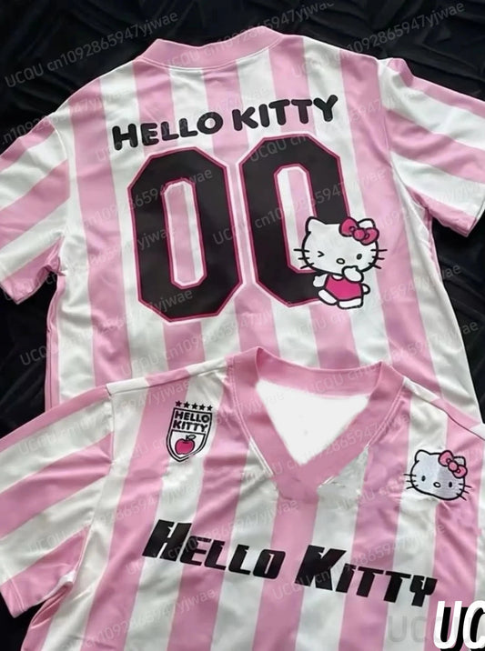 2025 Women HELLO KITTY STRIPE Print V-Neck Short Sleeve GlowCart