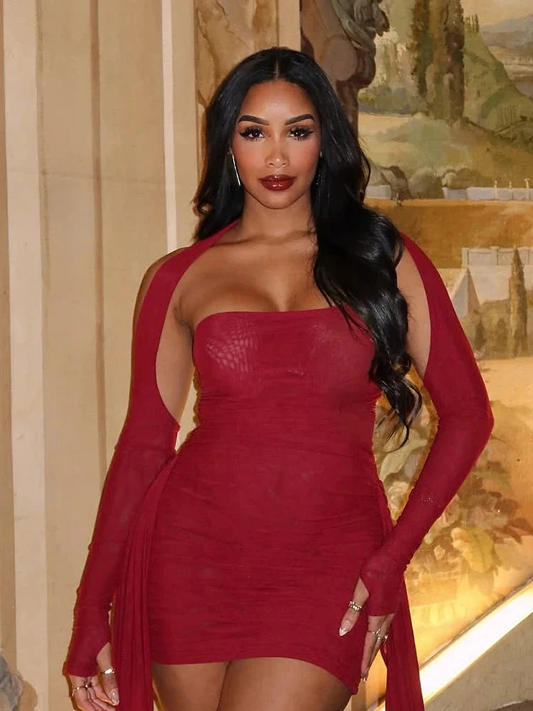 Sisterlinda Mesh Simple Mini Dress Fashion Solid Strapless GlowCart