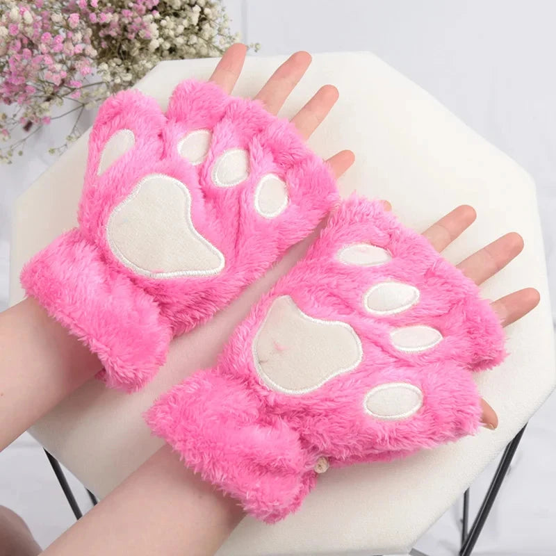 Women Cartoon Cat Claw Gloves Thickened Plush Lovely Style GlowCart