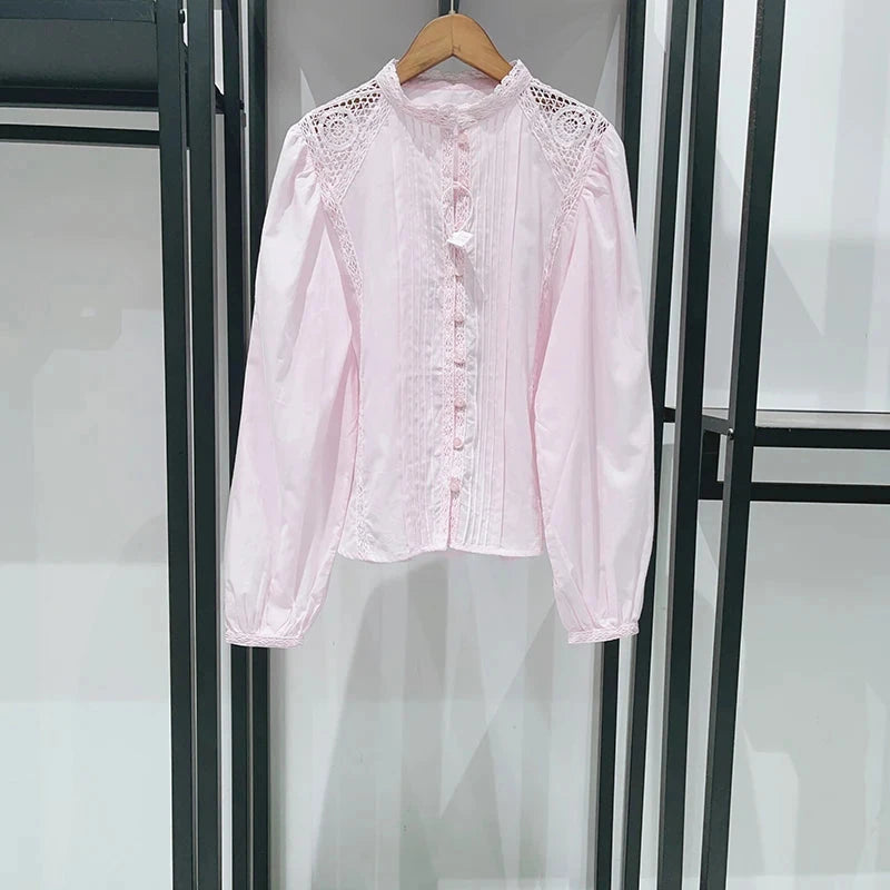 pink Women Hollow Out Lace Long Sleeve shirt 100% cotton GlowCart