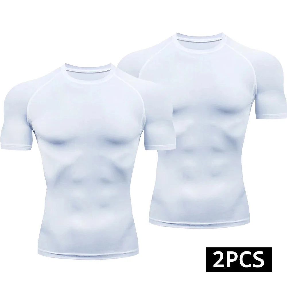 2-Piece Compression T Shirt Men Summer Sportswear Running T-shirt Elastic Quick Dry Sport Tops Athletic Gym Workout Shirts Men GlowCart