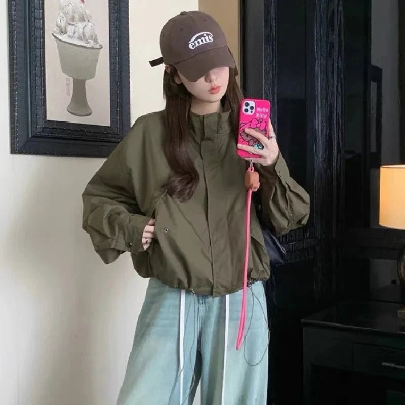 Military Green Stand Collar Short Windbreaker Women Early GlowCart