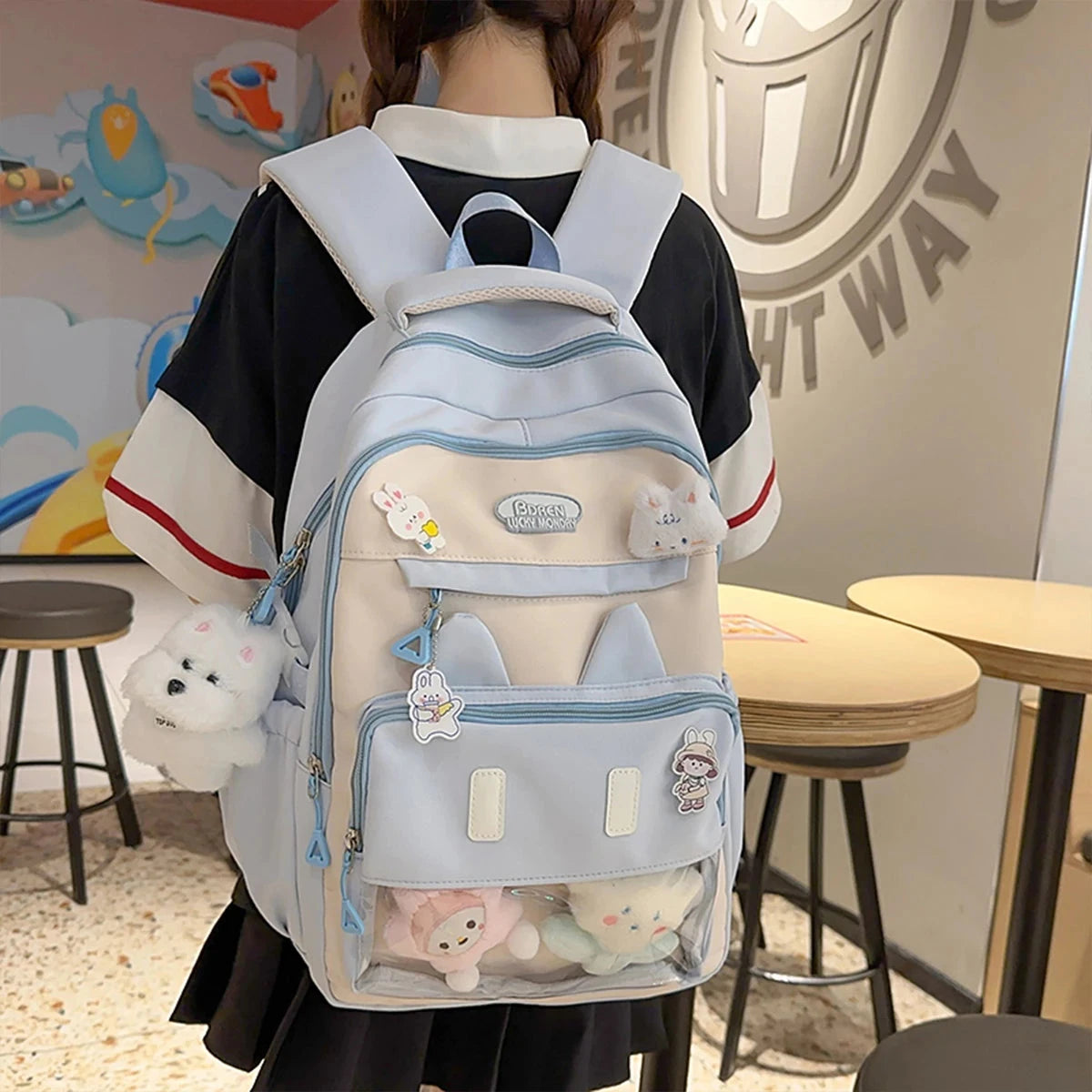 Cute Backpack School Bag Transparent Window Plush Puppy Cartoon Decor Large Capacity Nylon Zipper Adjustable Straps for Travel GlowCart