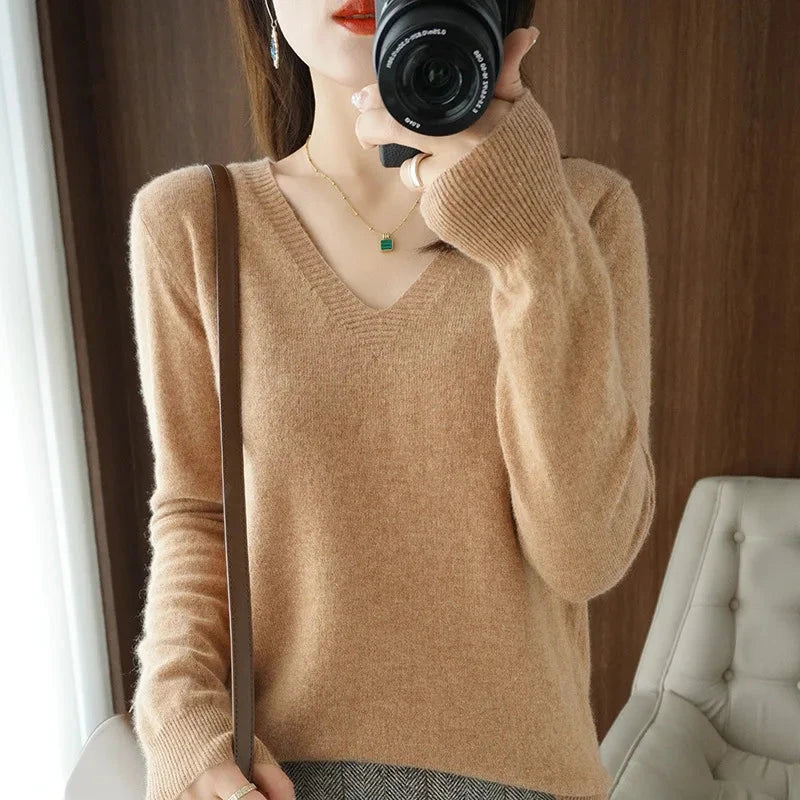 Women's Sweater 2025 Autumn Winter Knitted Pullovers V-neck GlowCart