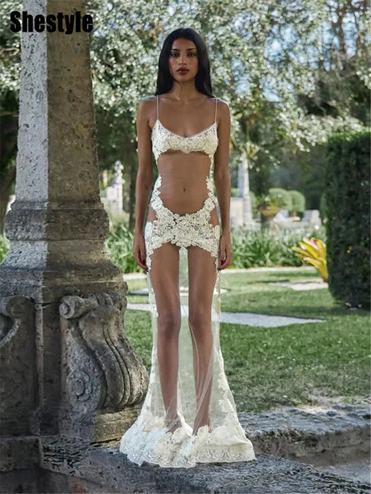 Shestyle Lace Transparent Mini Dress Sexy Women Wrapping Spaghetti Embroidery Flower Sheath Nightwear Club Mesh Wave Fantacy GlowCart