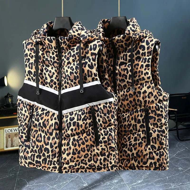Winter Sleeveless Jacket Men Leopard Print Outerwear Vest GlowCart