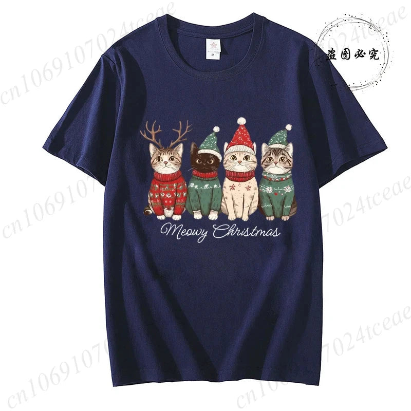 Meowy Christmas Cat Print Women Fashion T Shirt Girl O Neck GlowCart