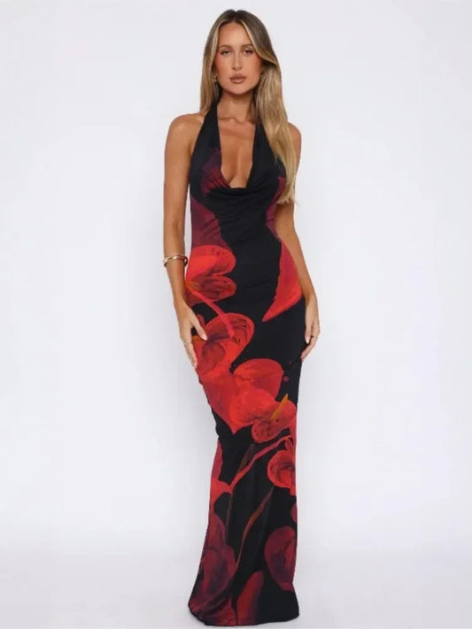 Sexy Print Slim Halter Neck Long Dresses Women Deep V-neck Backless Package Hip Bodycon Party Night Club Dress Trendy Streetwear GlowCart