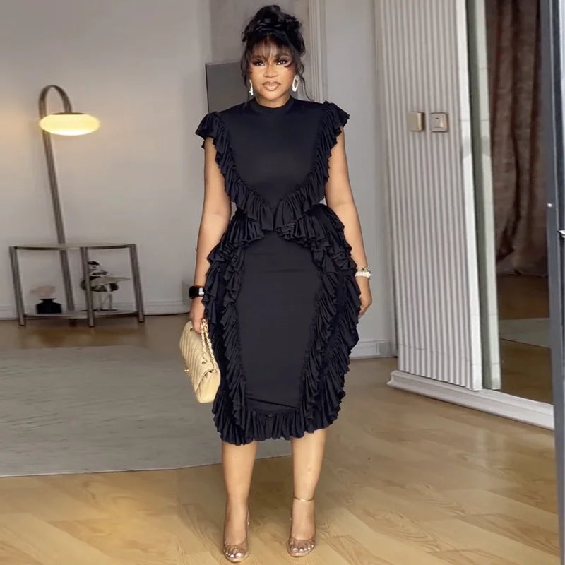 Women Plus Size Skinny Dress Round Neck Tassel Ruffle Hem