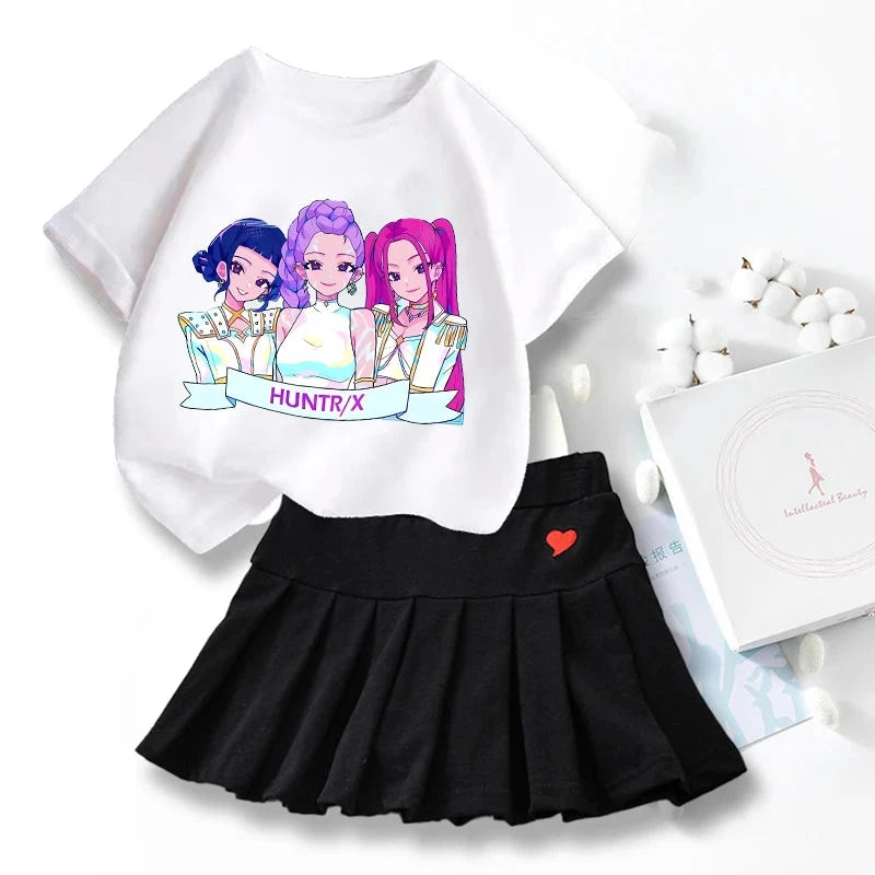 New K Pop Demon Hunters T-shirts Skirt Set Kawaii Cartoon Graphic T-shirt Kids Casual Short Sleeves Tops Summer Girl Clothes GlowCart
