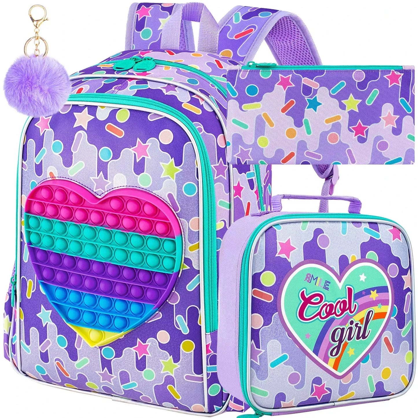 3PCS  Backpack for Girls, 16" Kids Backpacks with Lunch Box, Water Resistant Girl Bookbag for School Elementary GlowCart