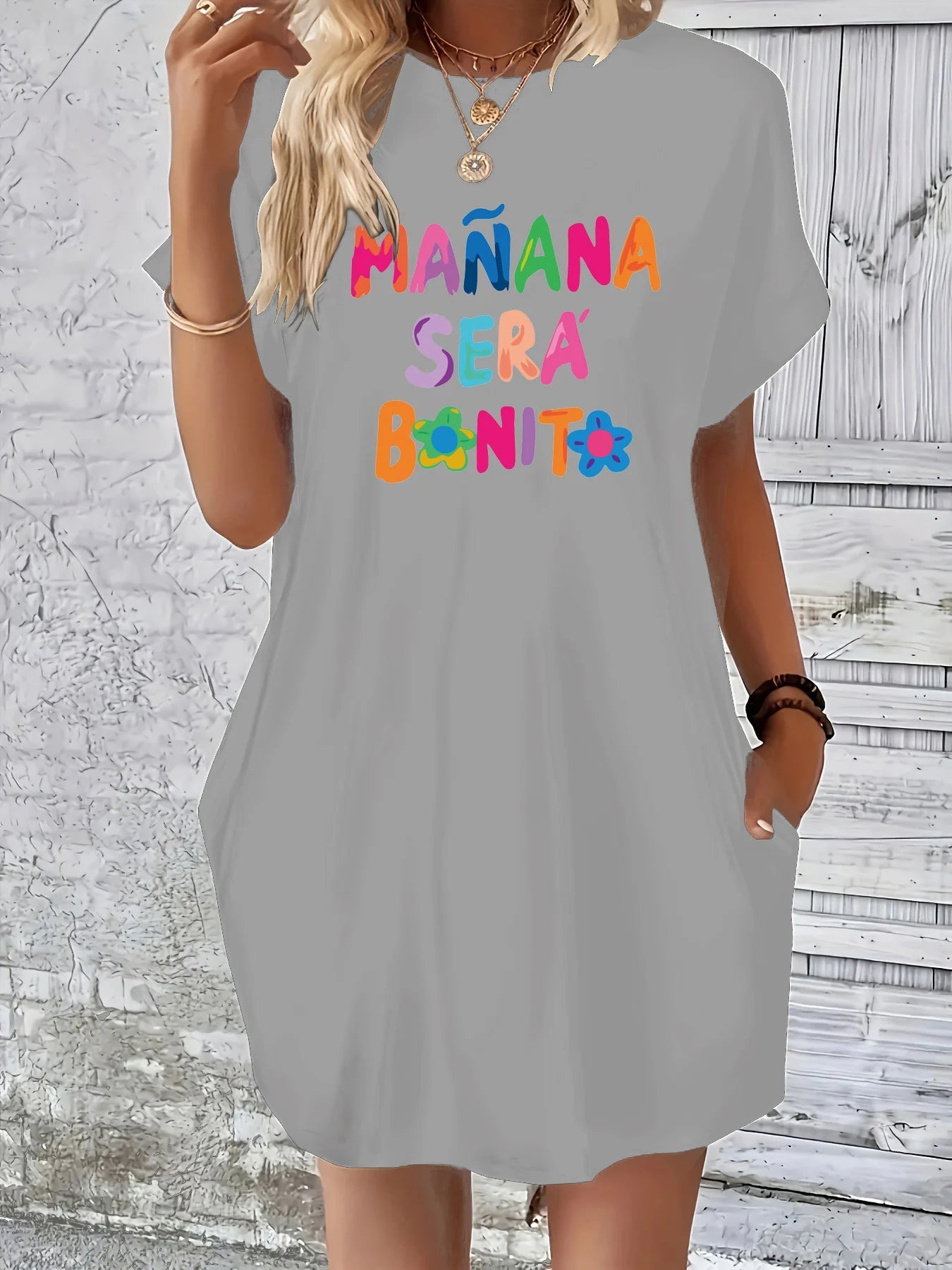 Women's MANANA letter print loose short sleeved round neck pocket summer Women's Dress Casual plus size casual dress GlowCart