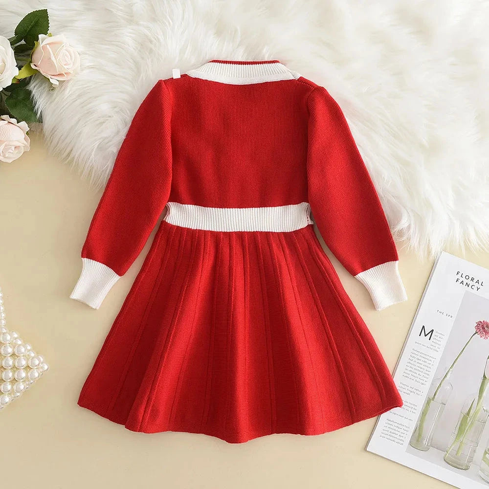 Bear Leader Winter New Year's Red Girl Knitting Wool Long Sleeve Splicing Dress Girl Baby Bow Fashion Dressses Christmas Clothes GlowCart