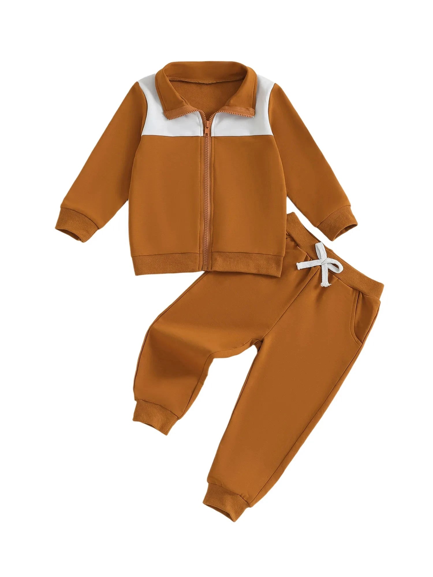Toddler Boy Fall Outfits Contrast Color Long Sleeve Zip Up Jacket Elastic Waist Solid Pants 2 Pcs Set GlowCart