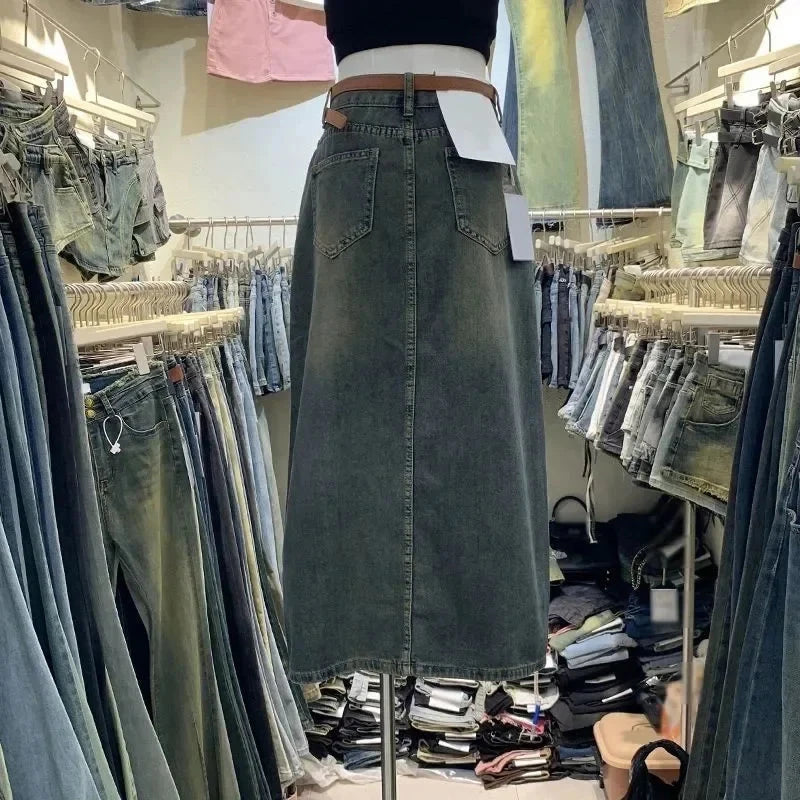 2023 Autumn New Women's High-Waisted Long Denim Skirt With Double Pocket Side Slit Slimming Draped Straight-Leg Loose Fit GlowCart