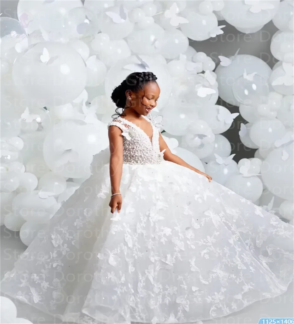 White V-neck Luxury Flower Girl Dresses For Wedding GlowCart