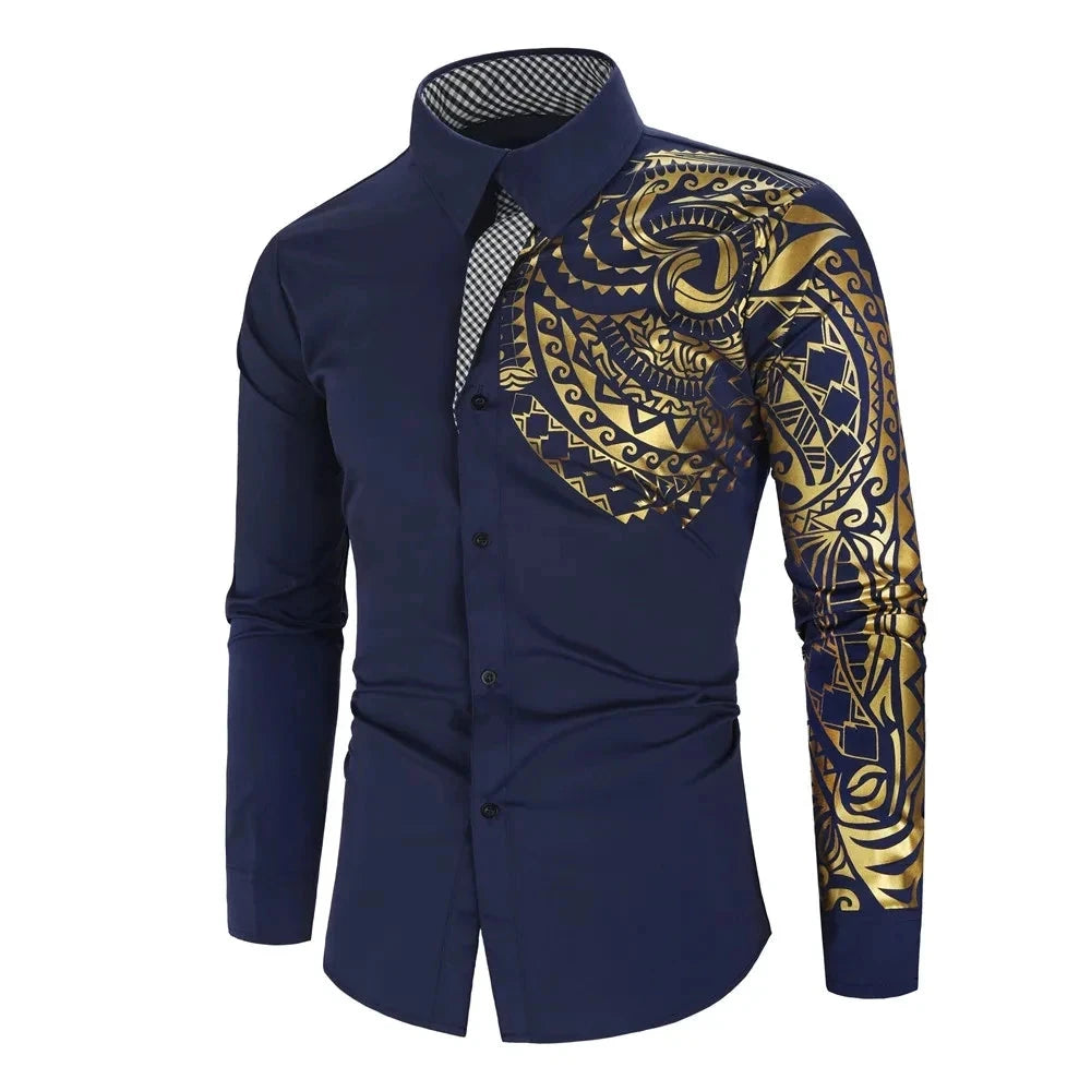 Men's White Long-sleeved Shirt with Gold Print Decoration, GlowCart