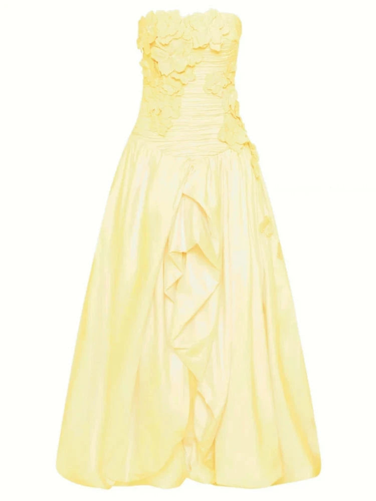 Sexy Strapless Printed Split Deign Long Bubble Dress Women GlowCart