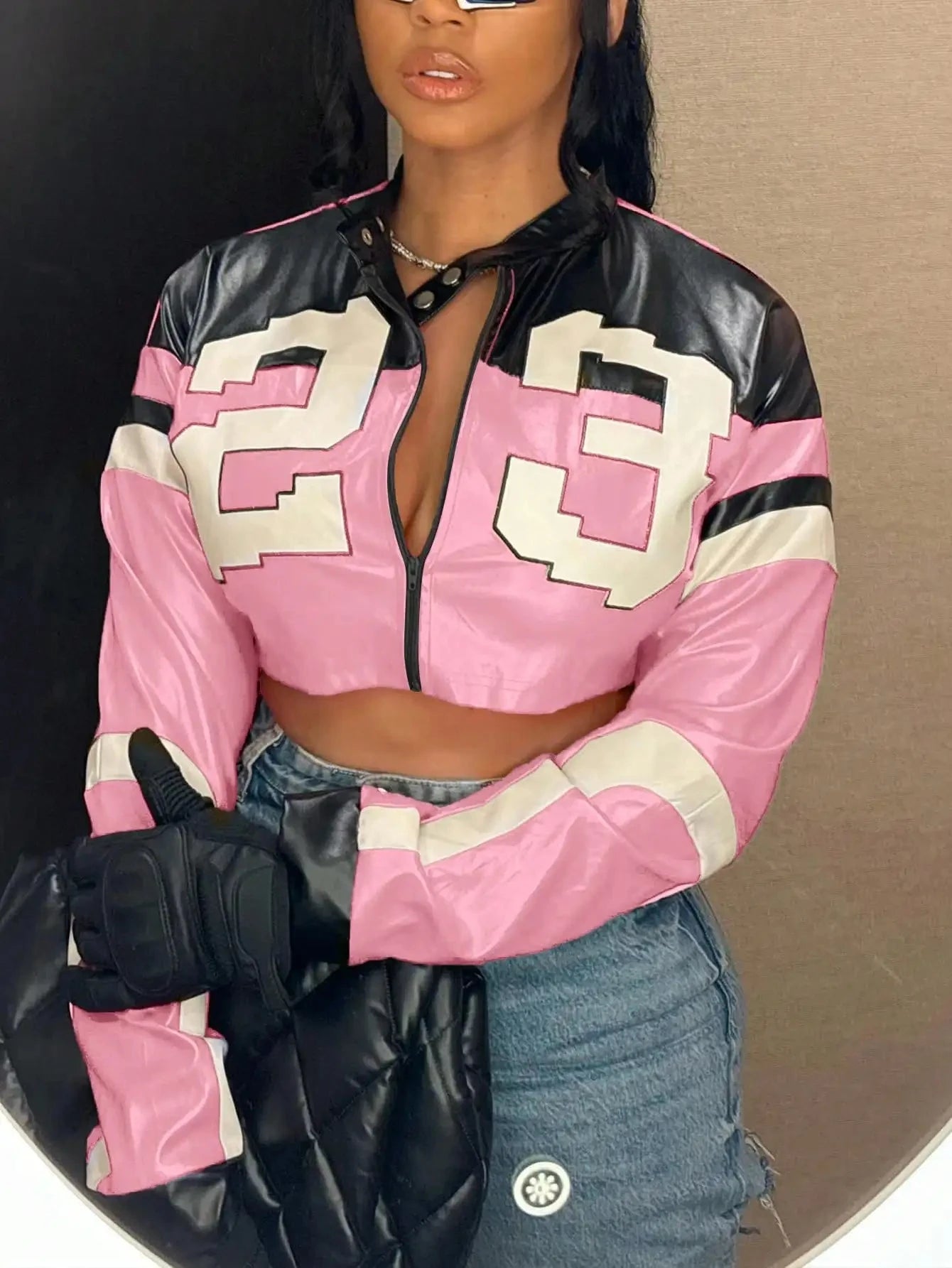 2025 Women's Faux Leather Jacket Short Red Coat Zipper GlowCart