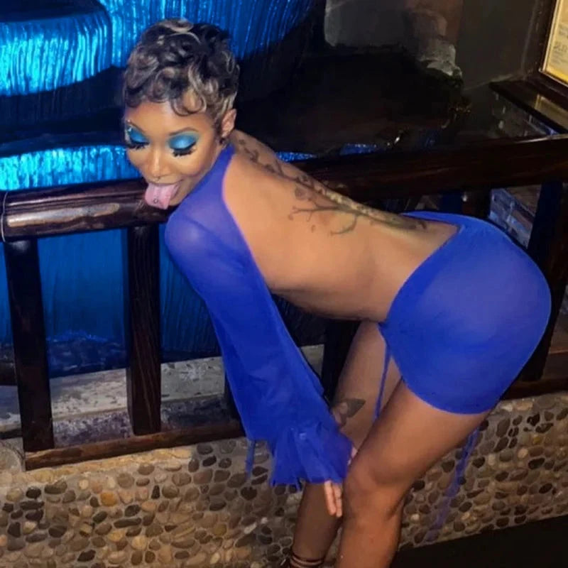 Sexy Mesh Deep V Elastic Dress Halter Elegant Chic Vintage GlowCart