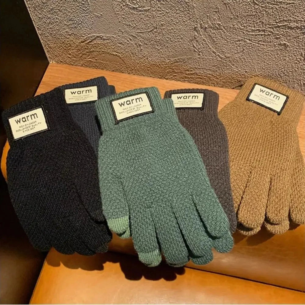 New Men Winter Warm Knitted Gloves Windproof Solid Color Touch Screen Gloves Thickened Plush Cycling Gloves GlowCart