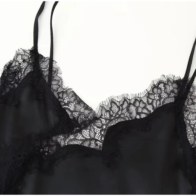 Sexy Lace Patchwork Sling Dress Women Satin Off-shoulder GlowCart