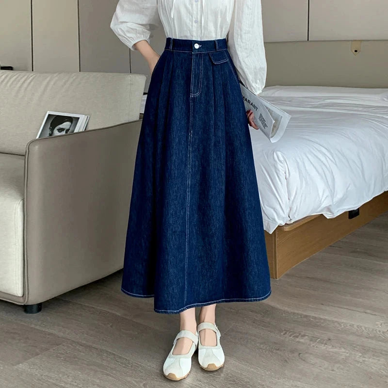 Seoulish High Waist Vintage Denim Women's Umbrella Skirts Pockets Single Button Casual Loose A-line Long Skirts Female 2025 New GlowCart